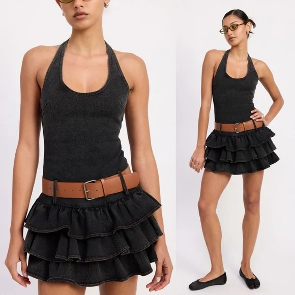 Rodeo Queen Belted Ruffled Dark Denim Mini Dress - Picture 4 of 5